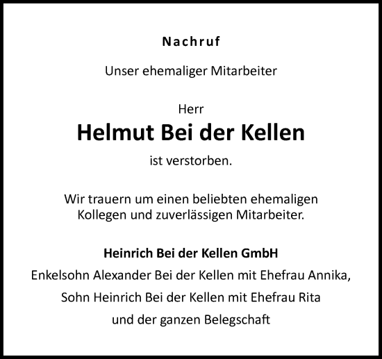 Traueranzeige von Helmut Bei der Kellen von Neue Osnabrücker Zeitung GmbH & Co. KG