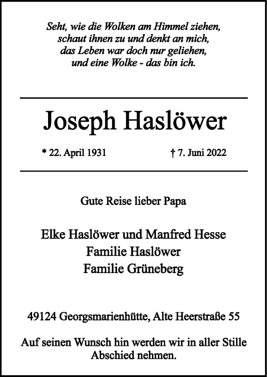 Traueranzeigen von Joseph Haslöwer noz Trauerportal