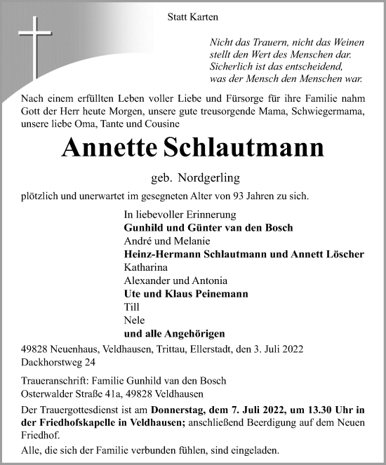 Traueranzeige von Annette Schlautmann von Neue Osnabrücker Zeitung GmbH & Co. KG