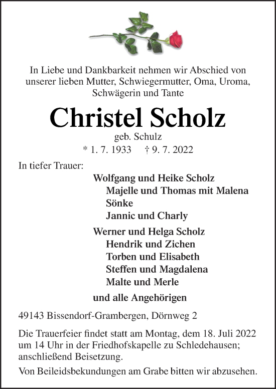 Traueranzeigen Von Christel Scholz Noz Trauerportal