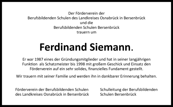 Traueranzeige von Ferdinand Siemann von Neue Osnabrücker Zeitung GmbH & Co. KG