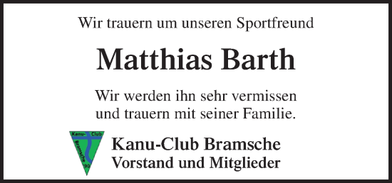 Traueranzeige von Matthias Barth von Neue Osnabrücker Zeitung GmbH & Co. KG