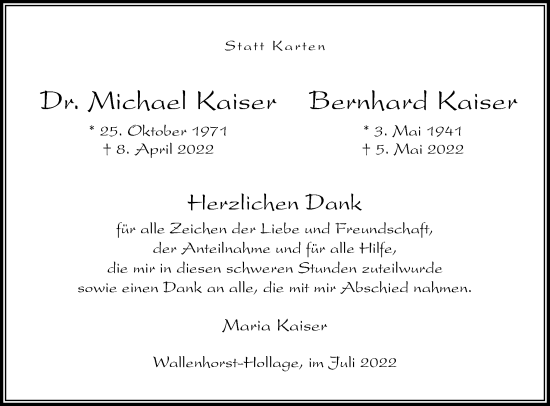 Traueranzeige von Michael und Bernhard Kaiser von Neue Osnabrücker Zeitung GmbH & Co. KG