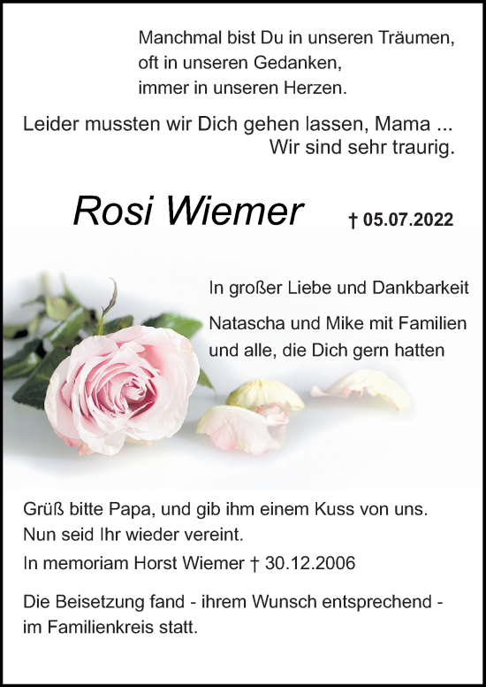 Traueranzeige von Rosi und Horst Wiemer von Neue Osnabrücker Zeitung GmbH & Co. KG