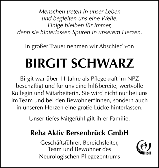 Traueranzeige von Birgit Schwarz von Neue Osnabrücker Zeitung GmbH & Co. KG