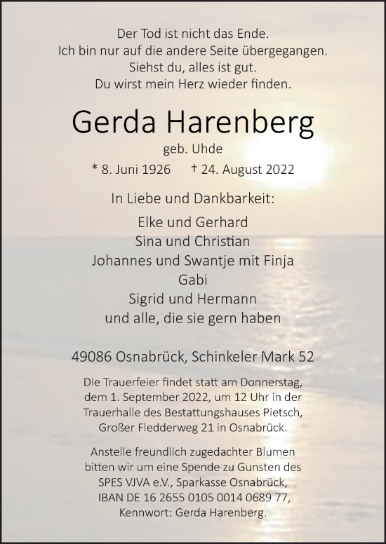 Traueranzeigen Von Gerda Harenberg Noz Trauerportal