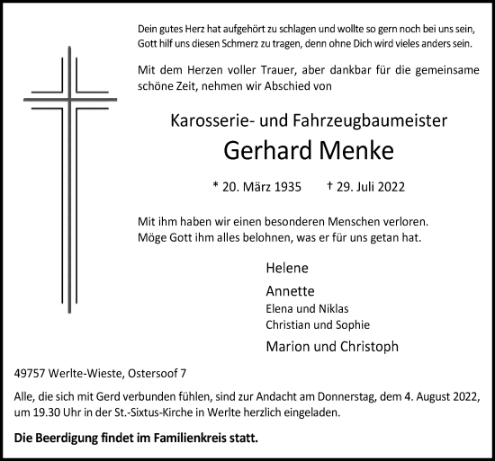 Traueranzeigen Von Gerhard Menke Noz Trauerportal