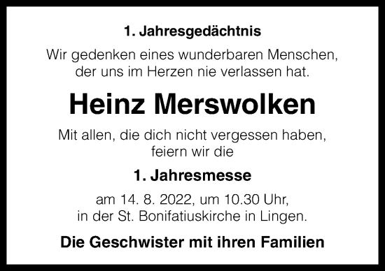 Traueranzeige von Heinz Merswolken von Neue Osnabrücker Zeitung GmbH & Co. KG