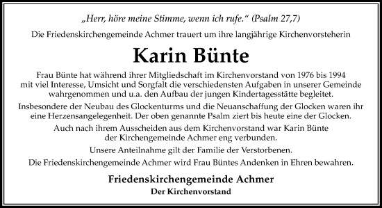 Traueranzeige von Karin Bünte von Neue Osnabrücker Zeitung GmbH & Co. KG