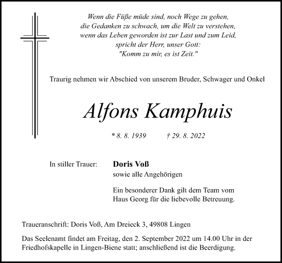 Traueranzeigen Von Alfons Kamphuis Noz Trauerportal