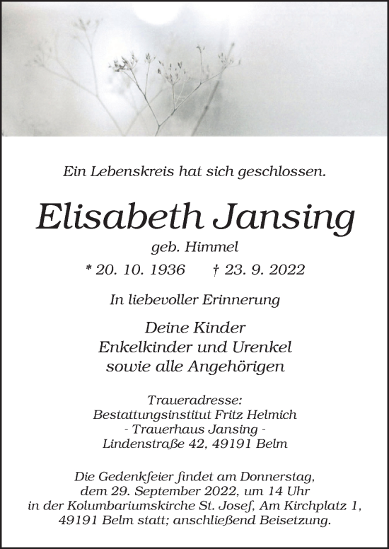 Traueranzeigen Von Elisabeth Jansing Noz Trauerportal