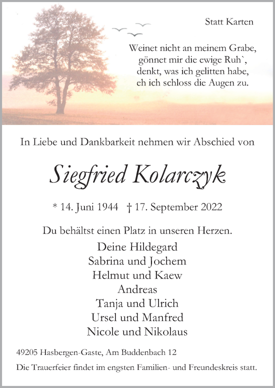 Traueranzeigen Von Siegfried Kolarczyk Noz Trauerportal