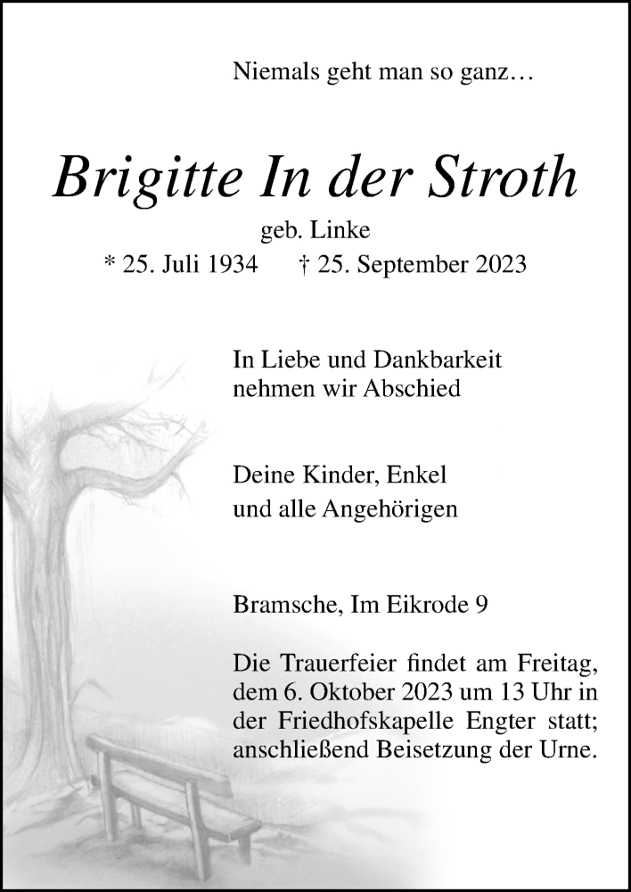 Traueranzeigen Von Brigitte In Der Stroth Noz Trauerportal