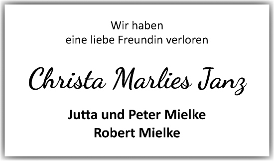 Traueranzeige von Christa Marlies Janz von Neue Osnabrücker Zeitung GmbH & Co. KG
