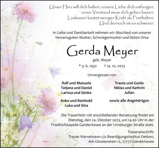 Traueranzeigen Von Gerda Meyer Noz Trauerportal