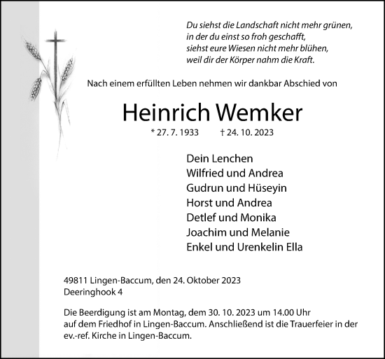 Traueranzeigen Von Heinrich Wemker Noz Trauerportal