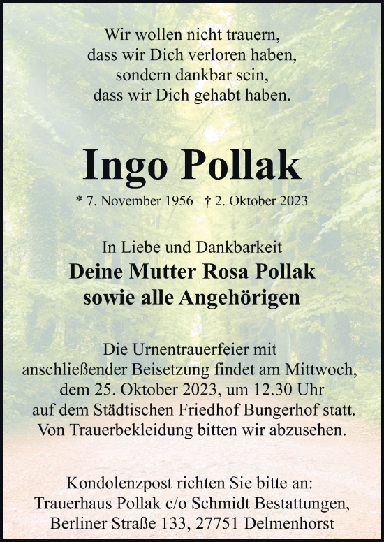 Traueranzeigen Von Ingo Pollak Noz Trauerportal