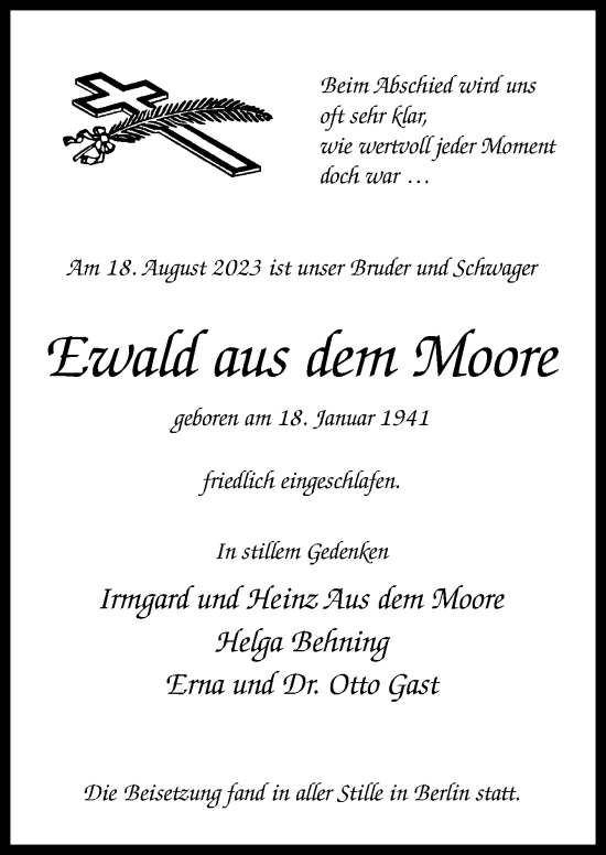 Traueranzeigen Von Ewald Aus Dem Moore Noz Trauerportal