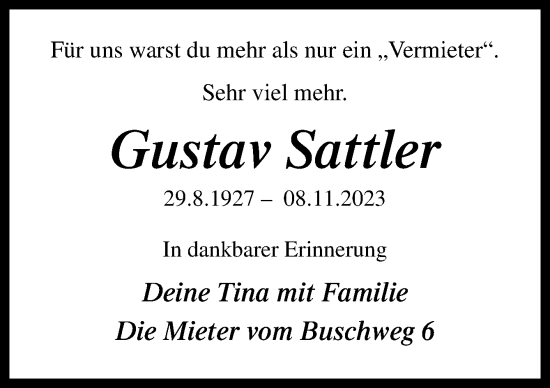 Traueranzeigen Von Gustav Sattler Noz Trauerportal