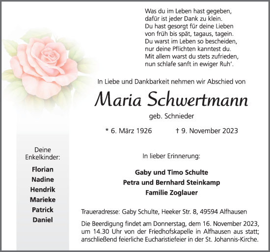 Traueranzeigen Von Maria Schwertmann Noz Trauerportal