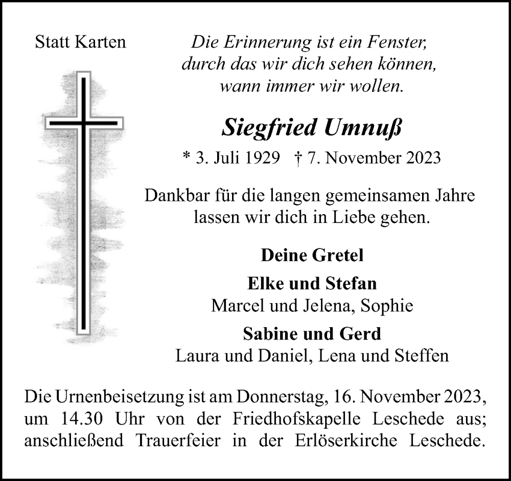 Traueranzeigen Von Siegfried Umnu Noz Trauerportal