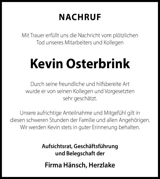 Traueranzeige von Kevin Osterbrink von Neue Osnabrücker Zeitung GmbH & Co. KG