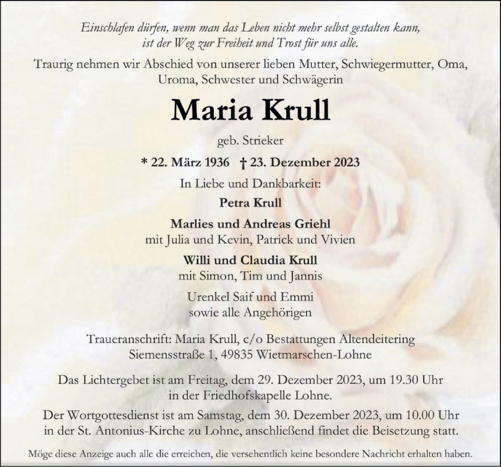 Traueranzeigen Von Maria Krull Noz Trauerportal