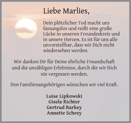 Traueranzeige von Marlies  von Neue Osnabrücker Zeitung GmbH & Co. KG