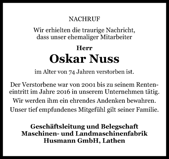 Traueranzeige von Oskar Nuss von Neue Osnabrücker Zeitung GmbH & Co. KG