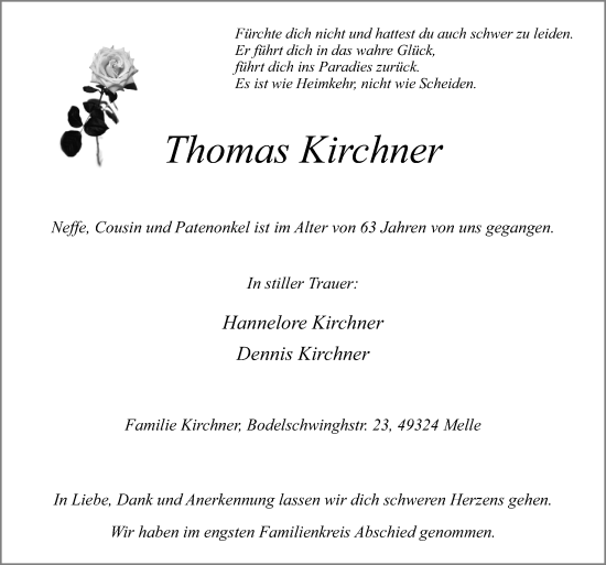 Traueranzeige von Thomas Kirchner von Neue Osnabrücker Zeitung GmbH & Co. KG