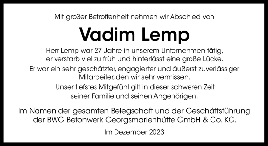 Traueranzeige von Vadim Lemp von Neue Osnabrücker Zeitung GmbH & Co. KG