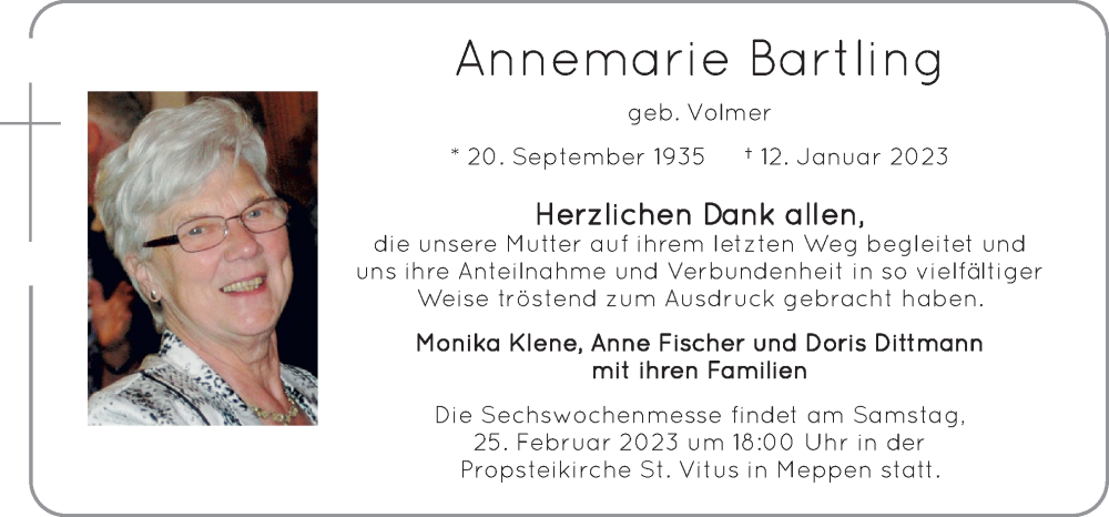 Traueranzeigen Von Annemarie Bartling Noz Trauerportal