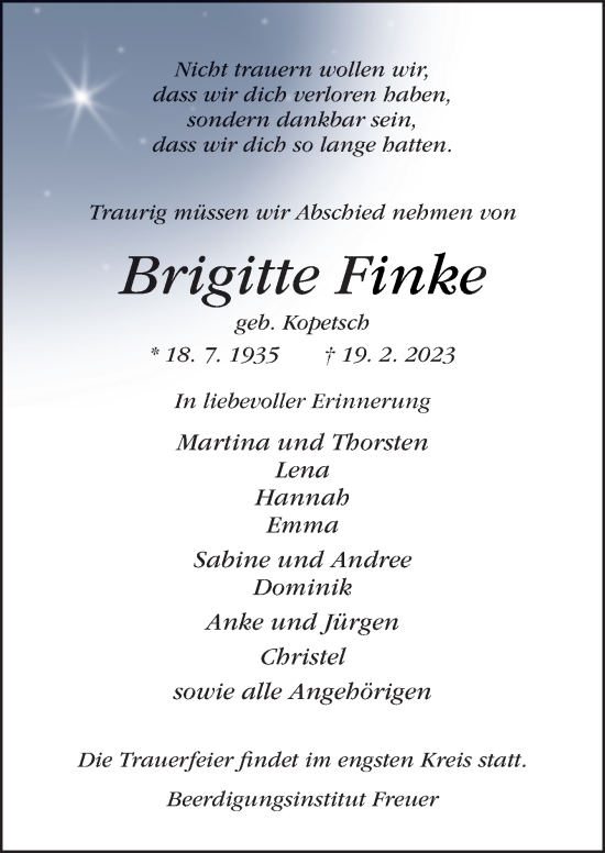 Traueranzeigen Von Brigitte Finke Noz Trauerportal