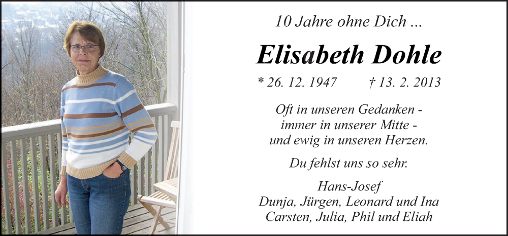  Traueranzeige für Elisabeth Dohle vom 11.02.2023 aus Neue Osnabrücker Zeitung GmbH & Co. KG