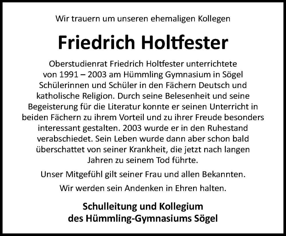 Traueranzeigen Von Friedrich Holtfester Noz Trauerportal