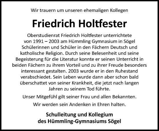 Traueranzeige von Friedrich Holtfester von Neue Osnabrücker Zeitung GmbH & Co. KG