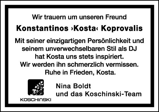 Traueranzeige von Konstantinos Koprovalis von Neue Osnabrücker Zeitung GmbH & Co. KG