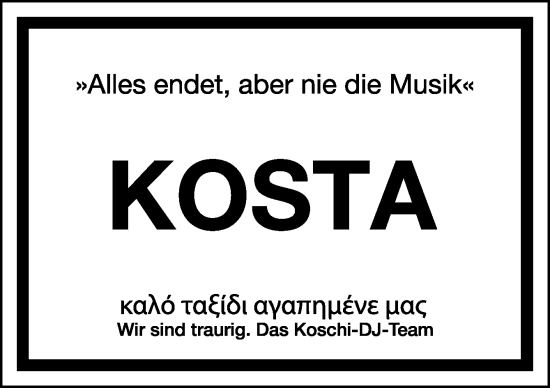 Traueranzeige von Kosta  von Neue Osnabrücker Zeitung GmbH & Co. KG