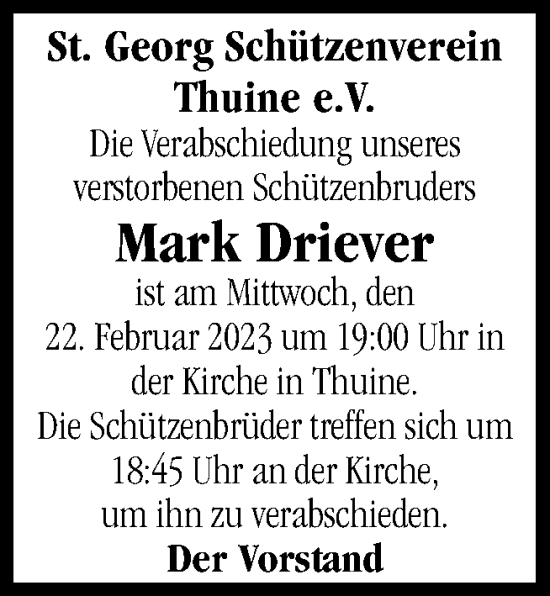 Traueranzeige von Mark Driever von Neue Osnabrücker Zeitung GmbH & Co. KG