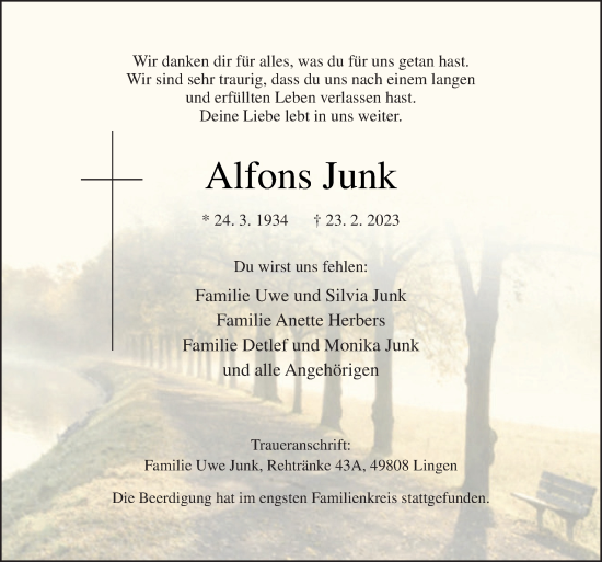 Traueranzeigen Von Alfons Junk Noz Trauerportal