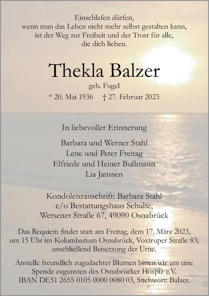 Traueranzeigen Von Thekla Balzer Noz Trauerportal