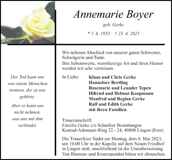 Traueranzeigen Von Annemarie Boyer Noz Trauerportal