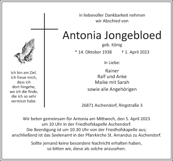 Traueranzeigen Von Antonia Jongebloed Noz Trauerportal