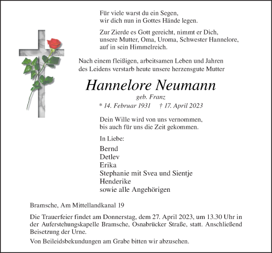 Traueranzeigen Von Hannelore Neumann Noz Trauerportal