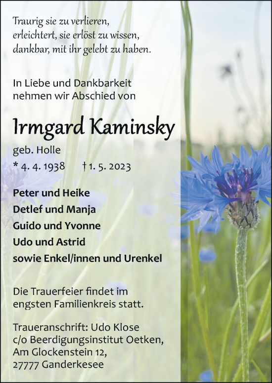 Traueranzeigen Von Irmgard Kaminsky Noz Trauerportal