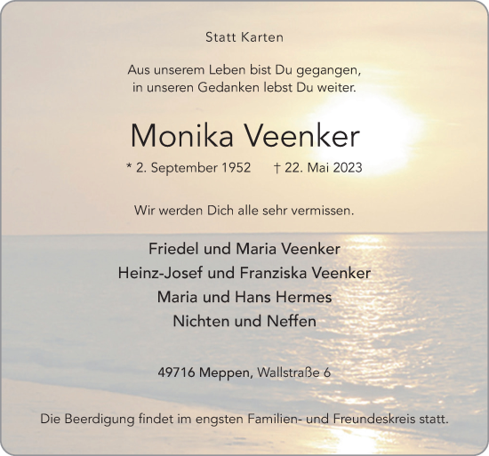 Traueranzeigen Von Monika Veenker Noz Trauerportal