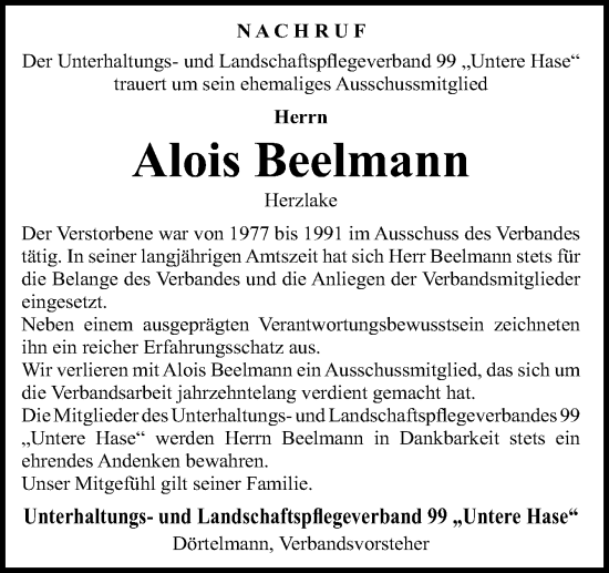 Traueranzeige von Alois Beelmann von Neue Osnabrücker Zeitung GmbH & Co. KG