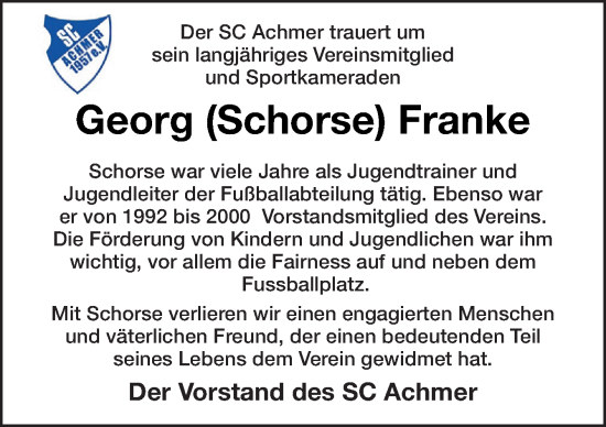 Traueranzeige von Georg Franke von Neue Osnabrücker Zeitung GmbH & Co. KG
