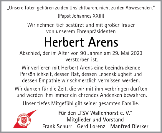 Traueranzeigen Von Herbert Arens Noz Trauerportal