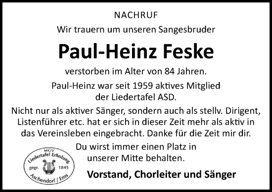 Traueranzeige von Paul-Heinz Feske von Neue Osnabrücker Zeitung GmbH & Co. KG